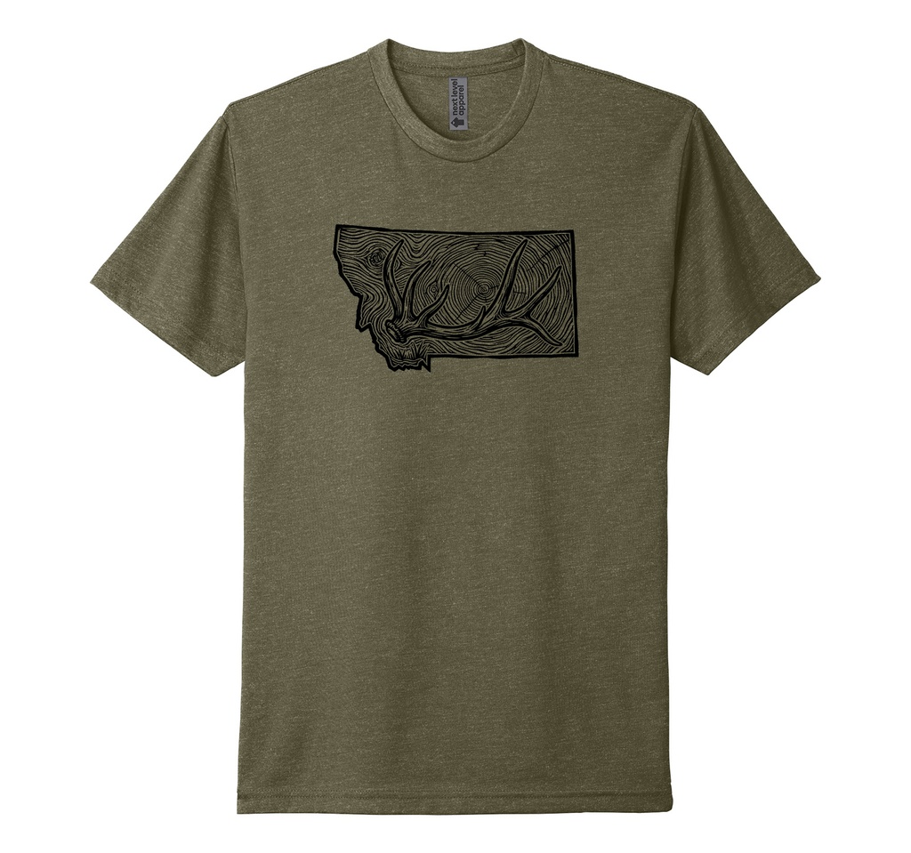 Woodcut Elk Tine MT - Unisex CVC Tee