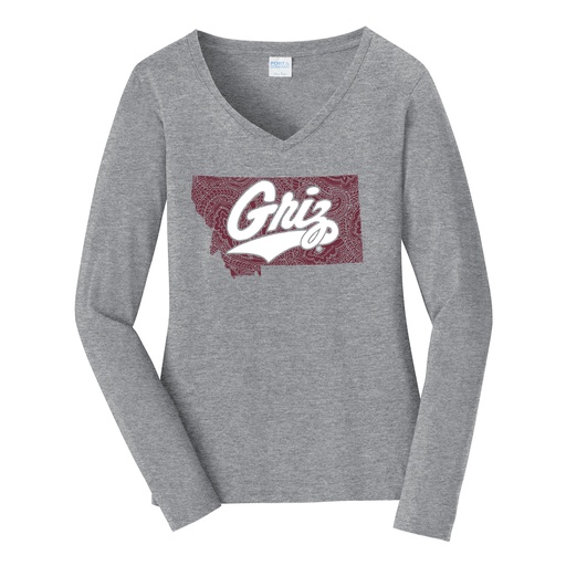 Ladies Long Sleeve Fan Favorite V-Neck Tee - Paisley Montana Griz Script