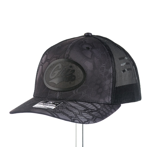 [112P-MTG02-KKB] Black Leather Griz Script - Printed Trucker Cap