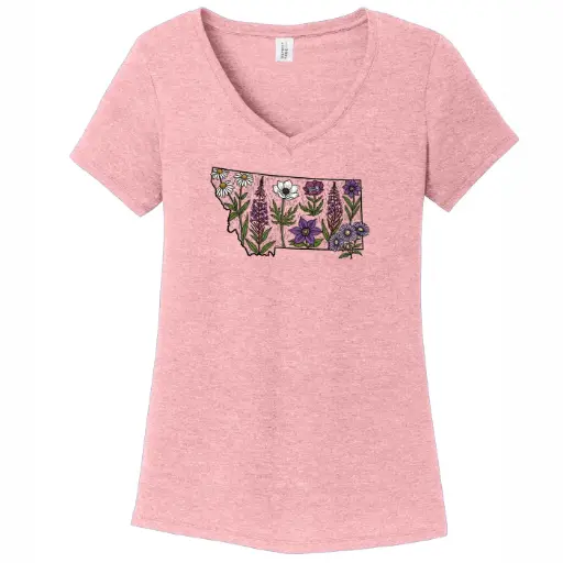 Watercolor Woodcut Wildflowers MT - Women's Tri-Blend V-Neck Tee